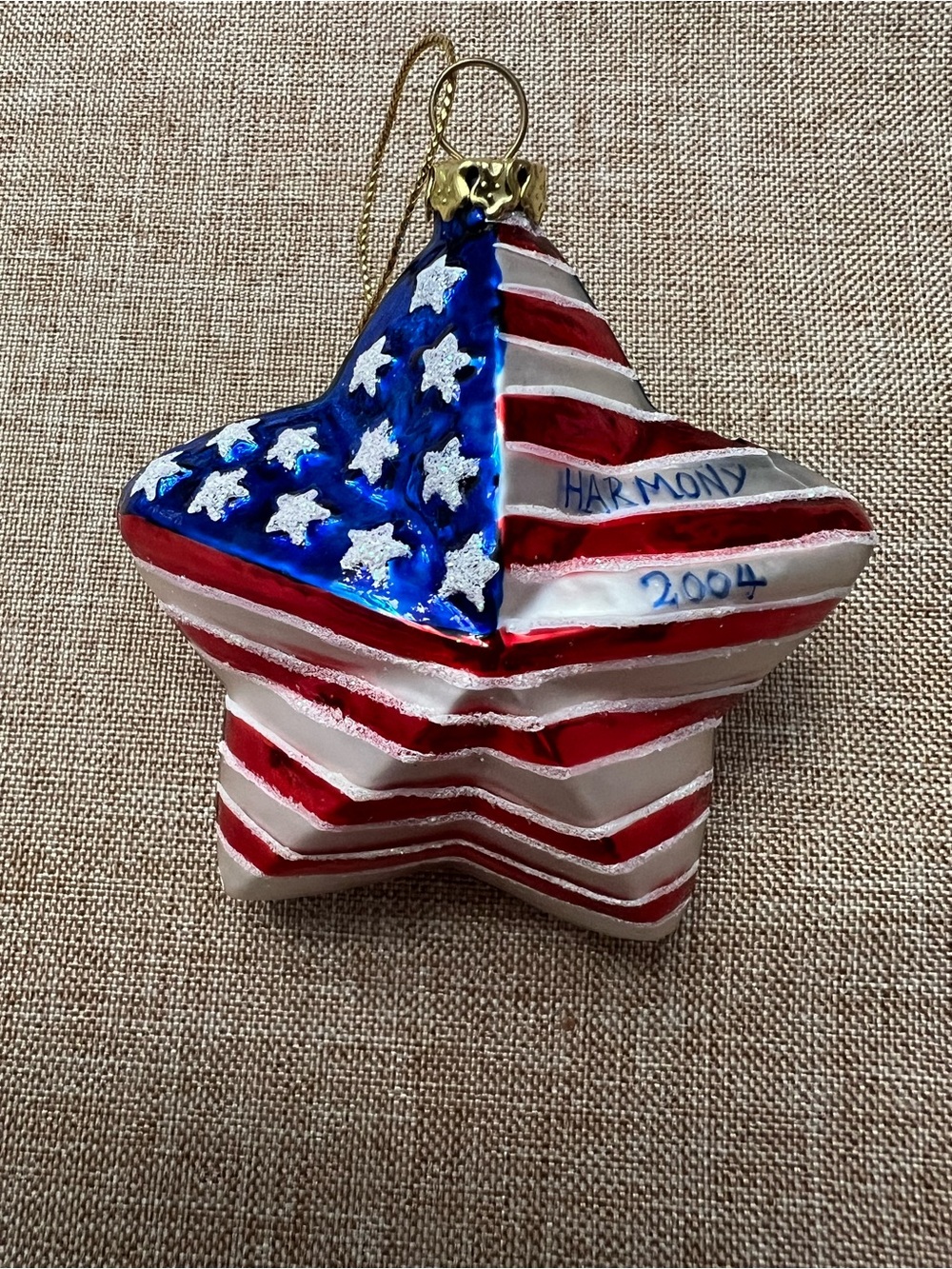 HARMONY 2004 blown glass Patriotic Star Ornament red/white/blue